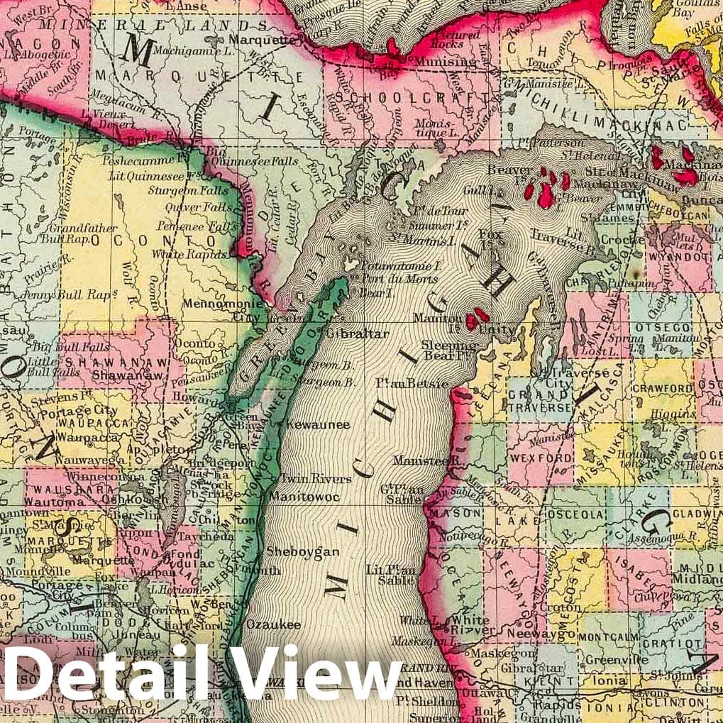 Michigan and Wisconsin - County Map, 1860 - Historical Map Print