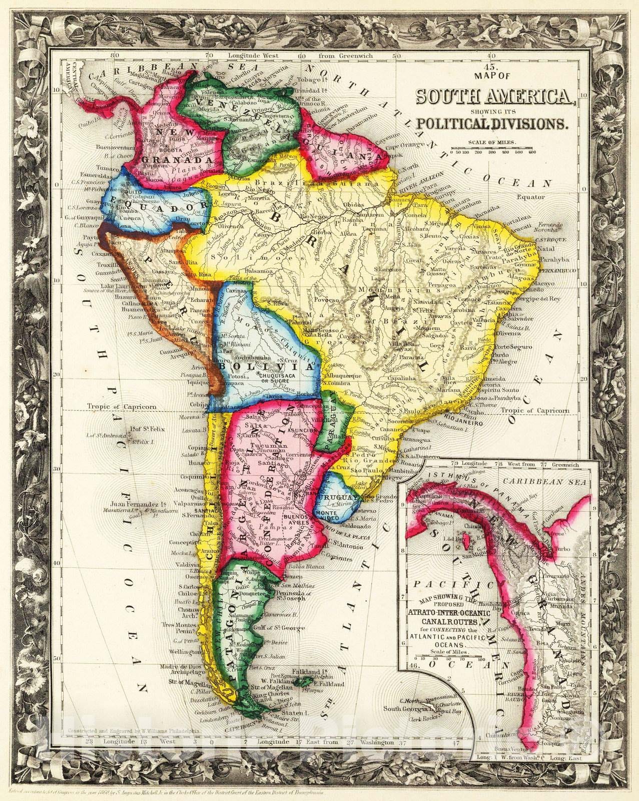 Historic Map : 1860 Map of South America. - Vintage Wall Art