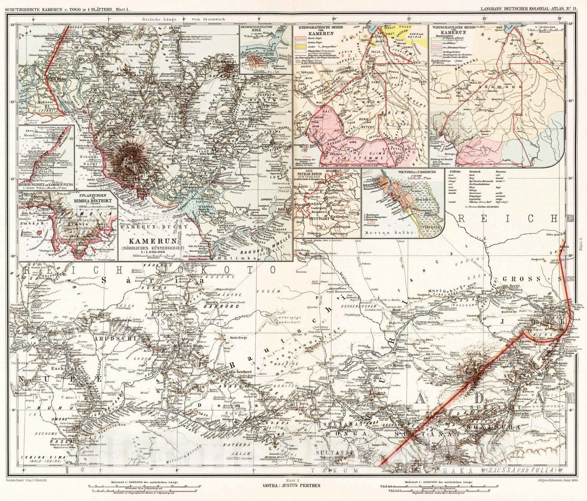 Historic Map : 1896 Nr. 11. Kamerun u. Togo in 4 Blaettern, Blatt 1. (Protected areas of Cameroon and Togo in 4 sheets, sheet 1.) - Vintage Wall Art