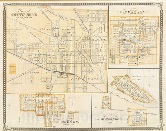 South Bend, Mishawaka, Bremen, and Syracuse, Indiana 1876 Historical Map Print