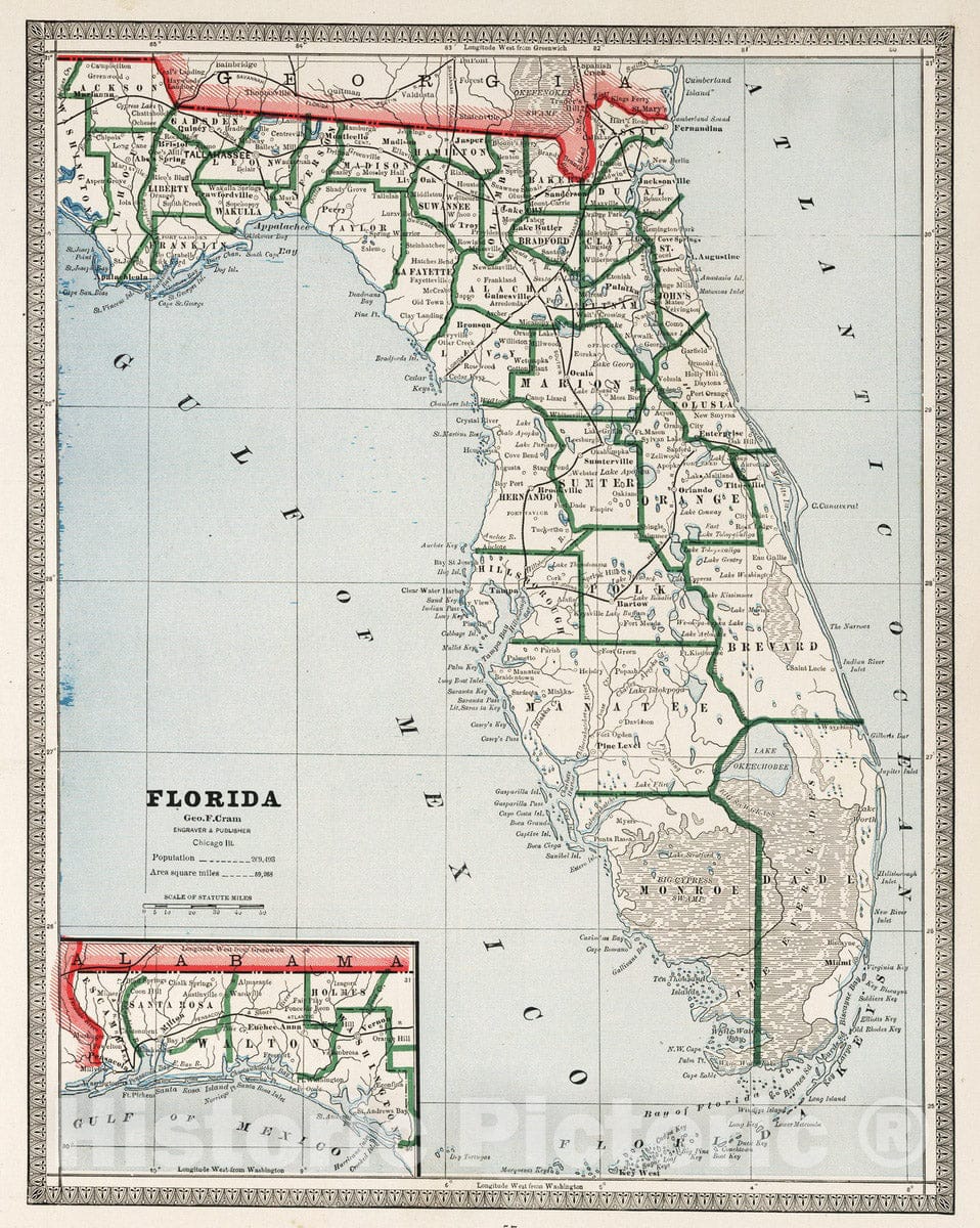 Historic Map : 1883 Map of Florida : Vintage Wall Art