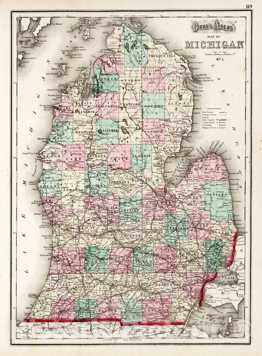 Historic Wall Map : 1873 Michigan. - Vintage Wall Art