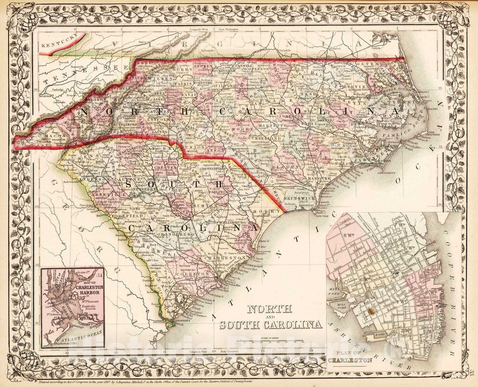 Historic Map : 1868 North and South Carolina - Vintage Wall Art