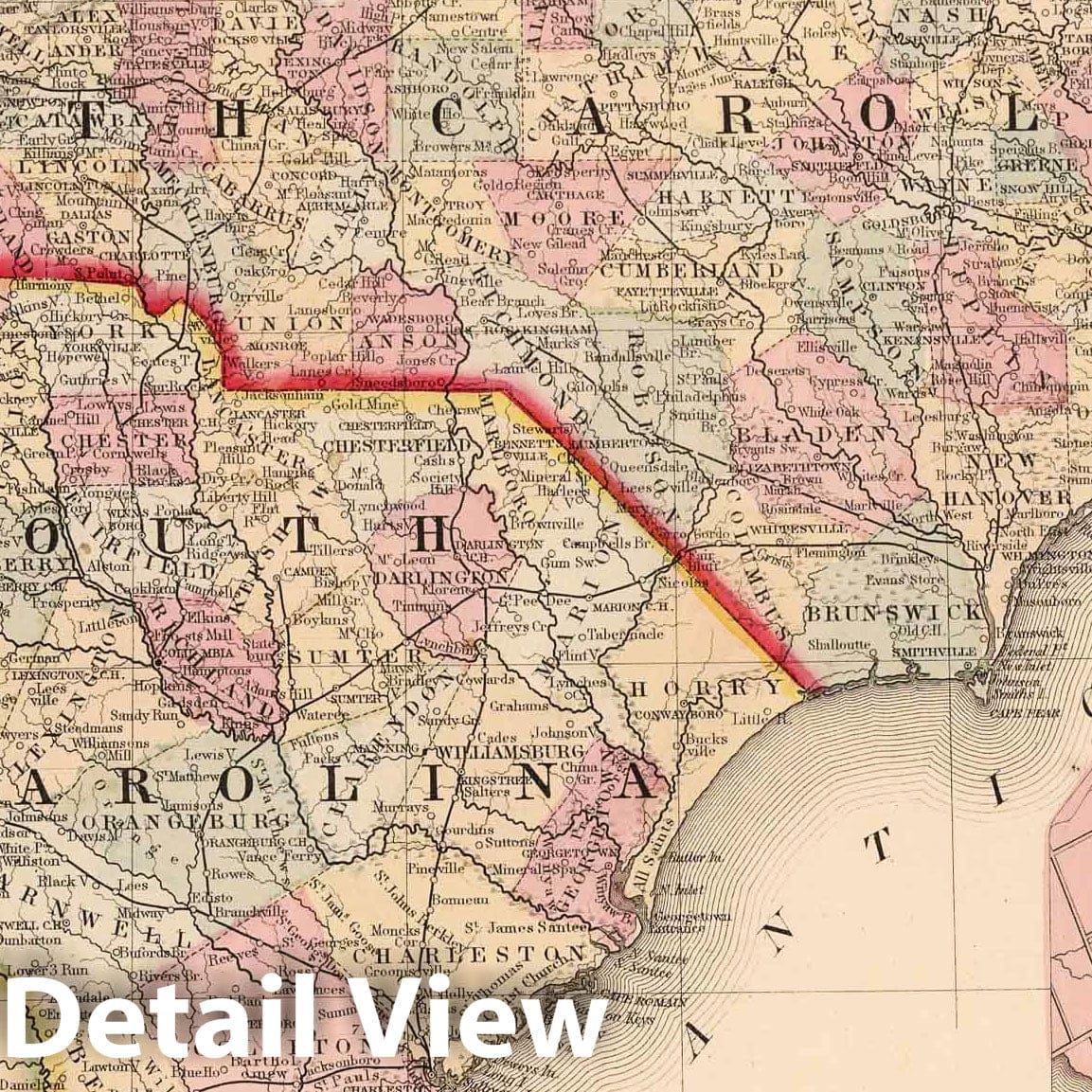 North Carolina and South Carolina with Charleston, 1868 - Historical Map Print