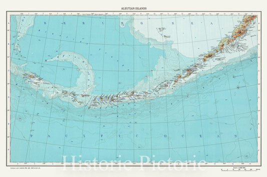1967 Aleutian Islands Physical Map - Soviet World Atlas Historical Print
