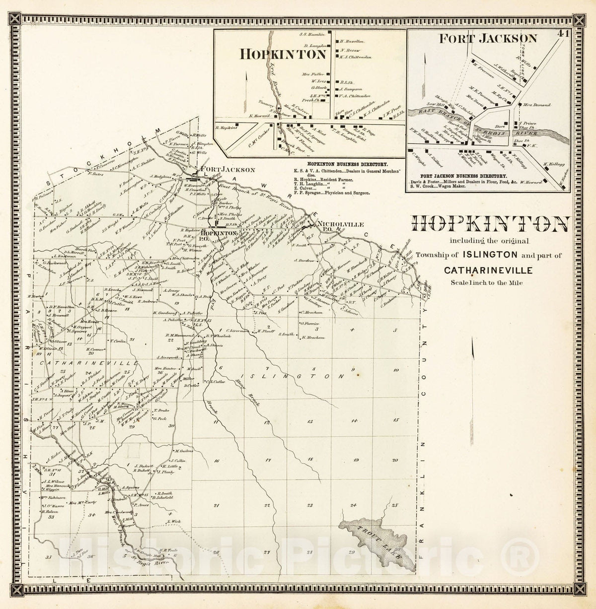 Historic Wall Map : 1865 Hopkinton. Hopkinton. Fort Jackson, Saint Lawrence County, New York. - Vintage Wall Art