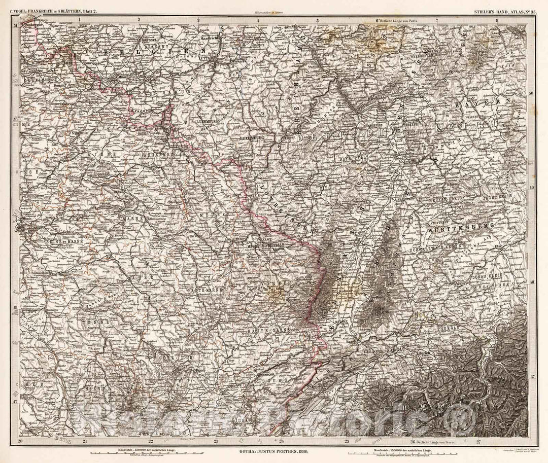 Historic Map : France, 1879 Frankreich in 4 Blattern, Blatt 1. (France in 4 Sheets, Sheet 2). , Vintage Wall Art
