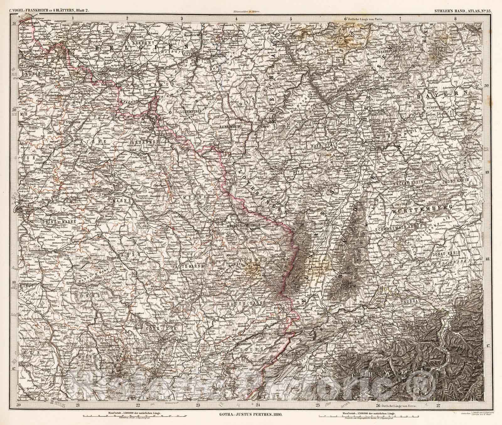 Historic Map : France, 1879 Frankreich in 4 Blattern, Blatt 1. (France in 4 Sheets, Sheet 2). , Vintage Wall Art