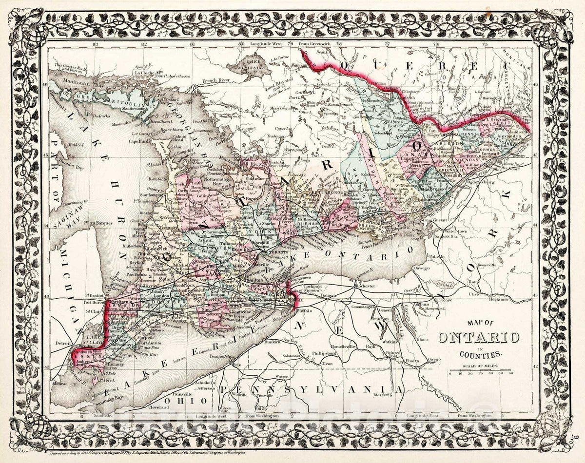Historic Map : 1877 Map of Ontario in Counties - Vintage Wall Art