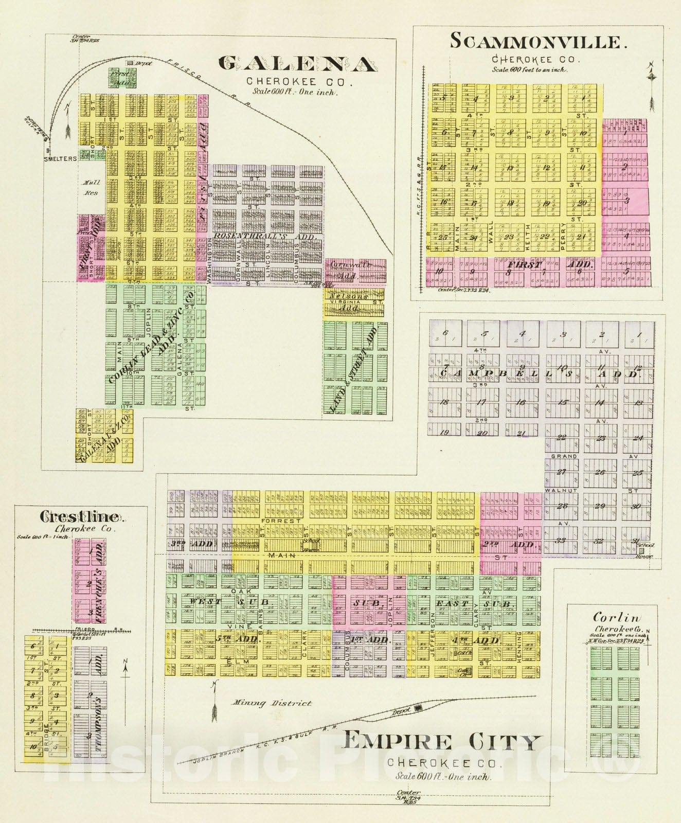 Historic Map : 1887 Galena, Scammonville, Crestline, Empire City and Corlin. - Vintage Wall Art