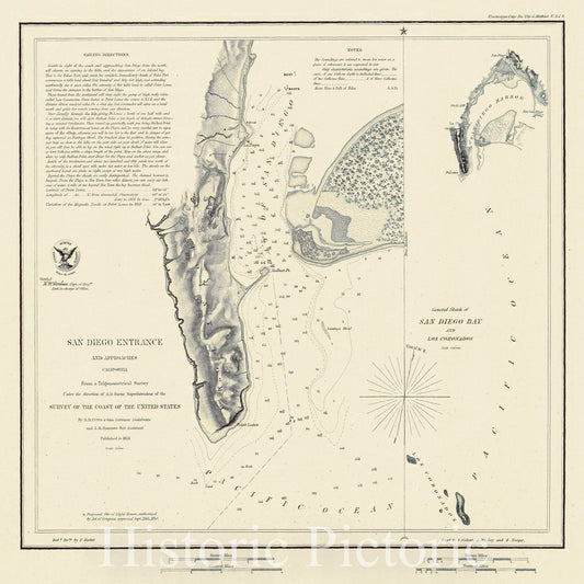 Historic Map - Chart Atlas - 1853 San Diego Entrance. - Vintage Wall Art