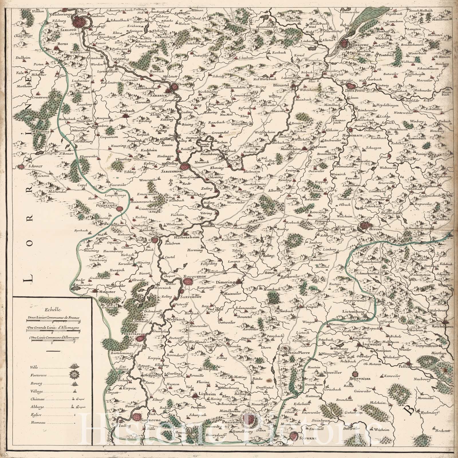 Historic Map : France, 1705 Pais scituez entre le Rhein, la Saare, la Moselle, et la Basse Alsace (southwestern sheet). , Vintage Wall Art