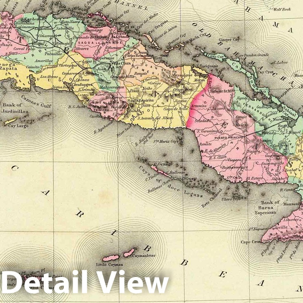 Cuba, Jamaica, and Puerto Rico - Physical Map, 1856 - Historical Map Print