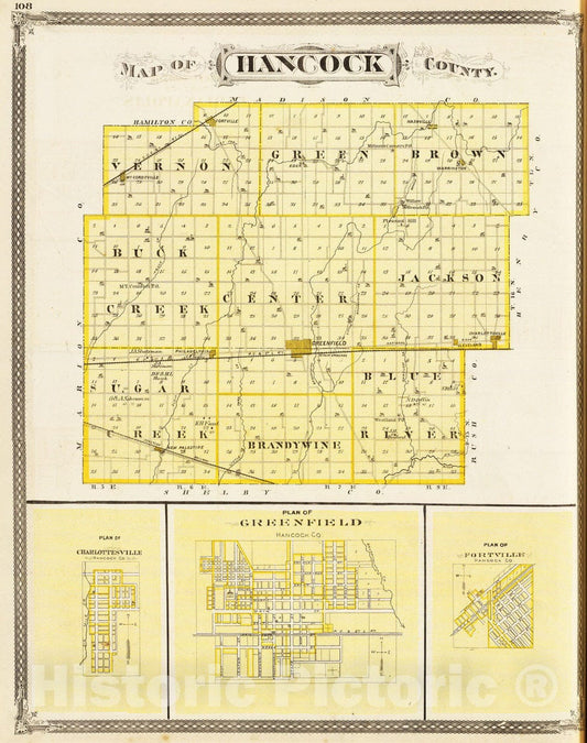 Historic Map : 1876 Map of Hancock County (with) Charlottesville, Greenfield, Fortville. - Vintage Wall Art