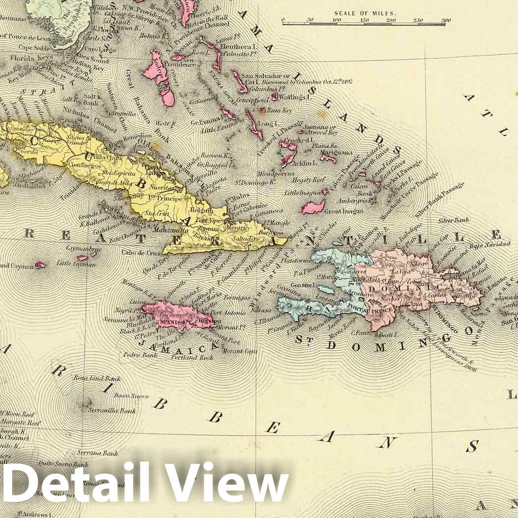 West Indies with Bermuda Islands and Havana - Physical Map, 1856