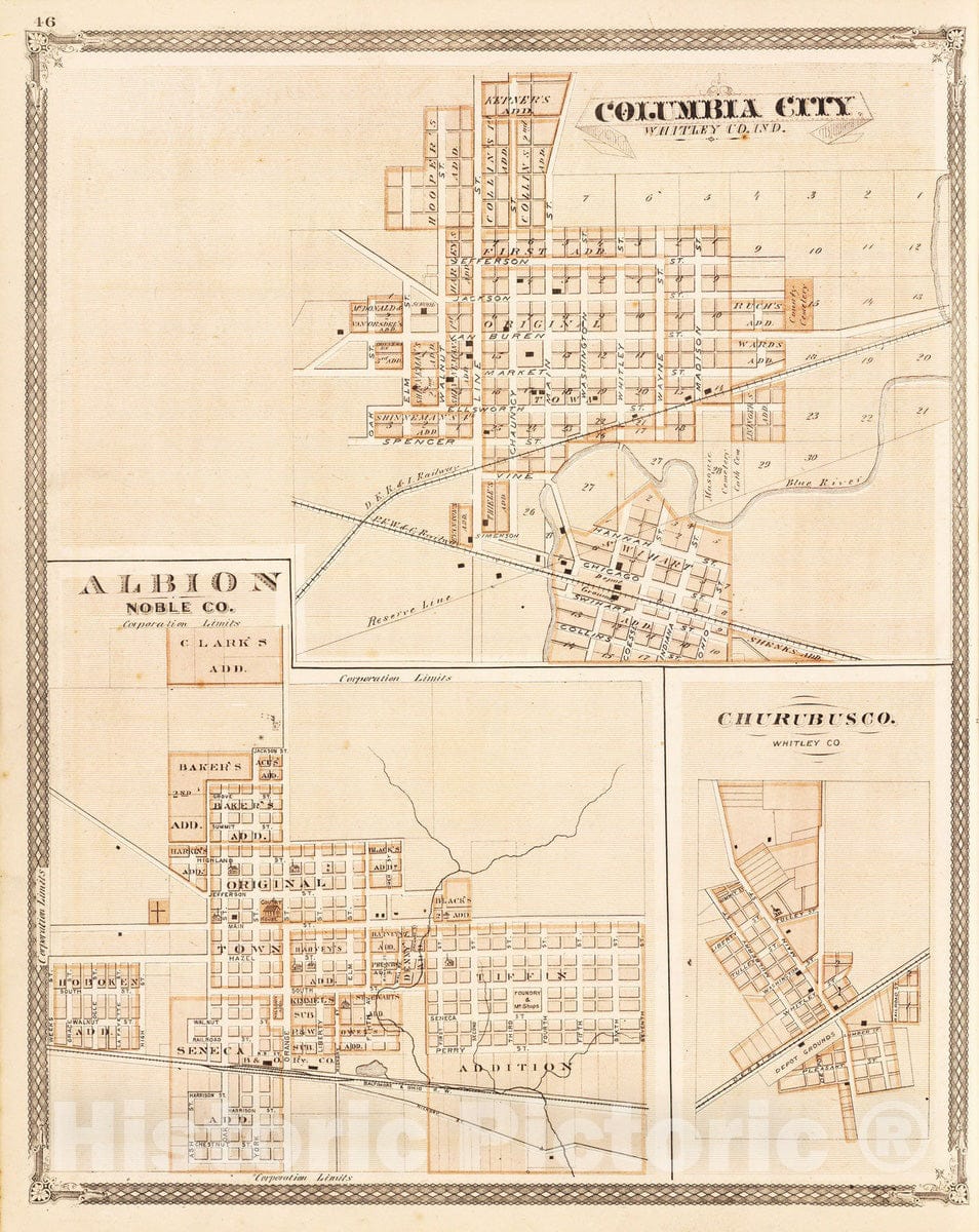 Historic Map : 1876 Columbia City, Whitley Co, Ind. (with) Albion, Churubusco. - Vintage Wall Art