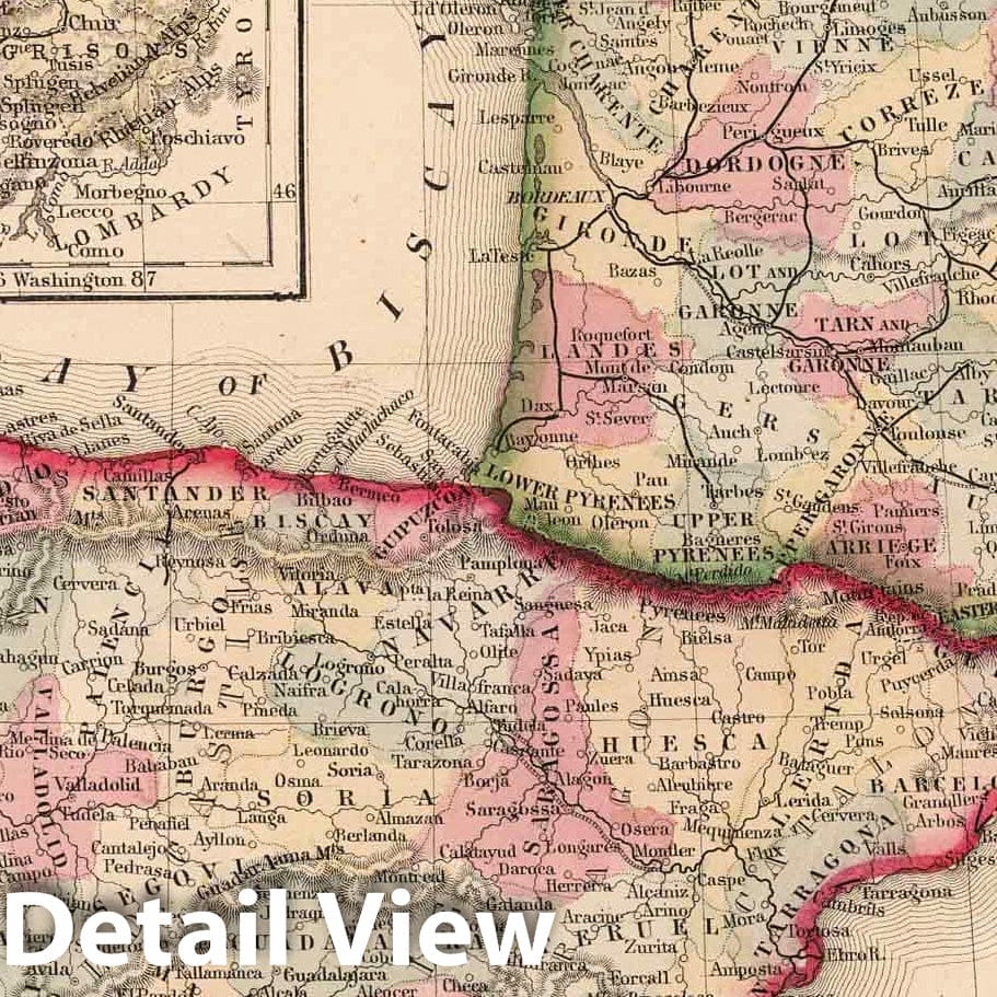 France Spain and Portugal, 1868 - Historical Map Print