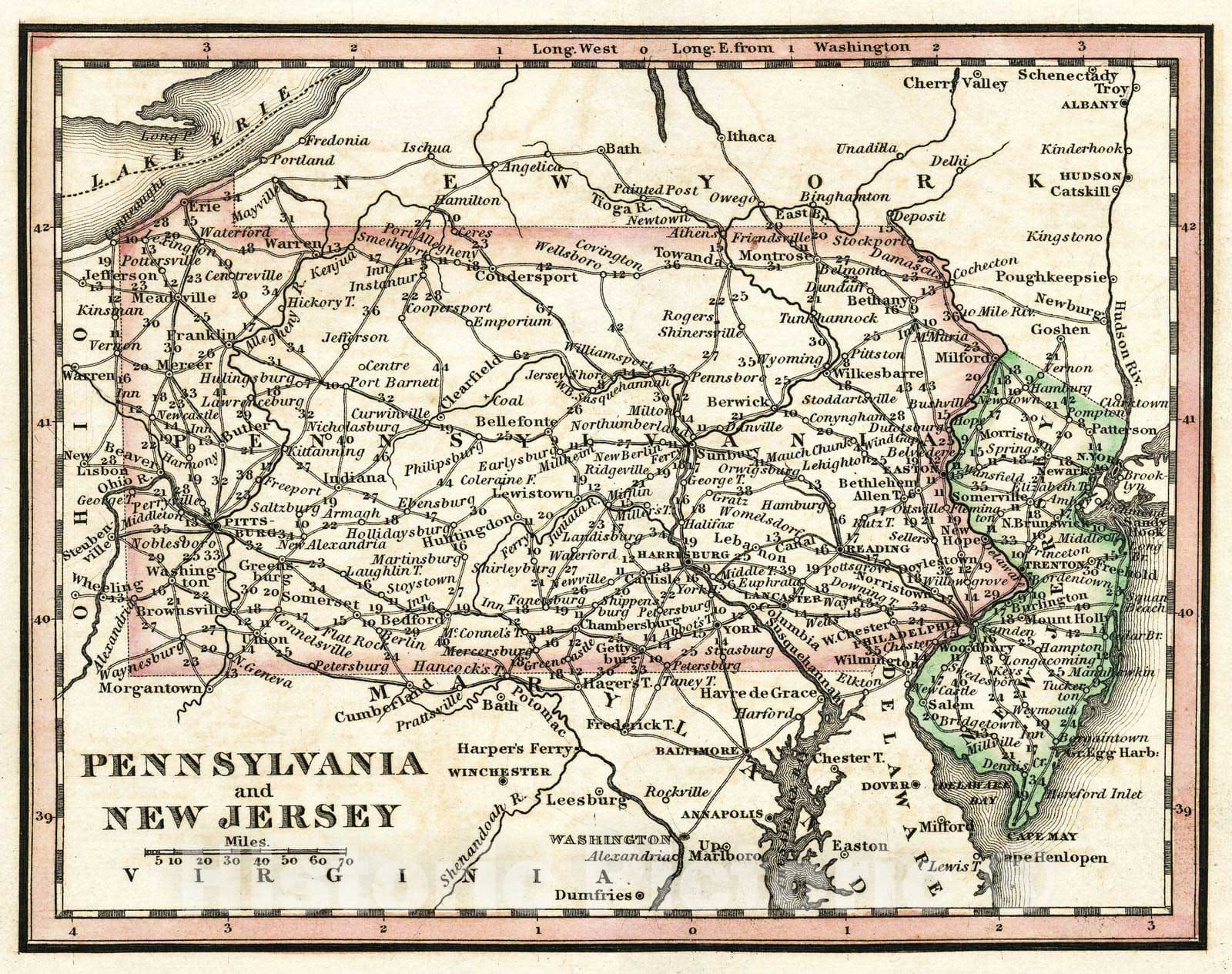 Pennsylvania and New Jersey - Road Map, 1828 - Historical Map Print
