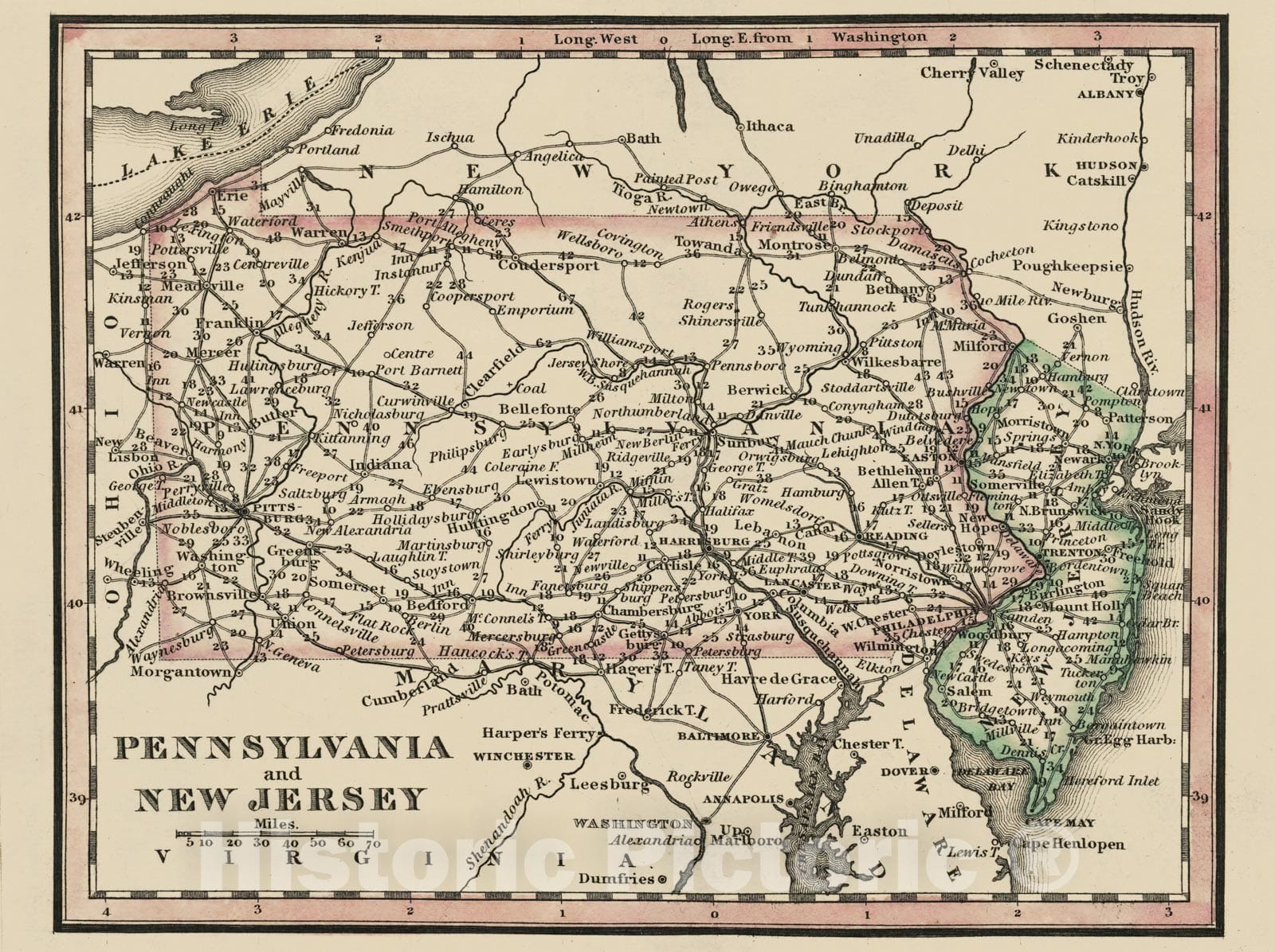 Historic Map : National Atlas - 1828 Pennsylvania And New Jersey - Vintage Wall Art