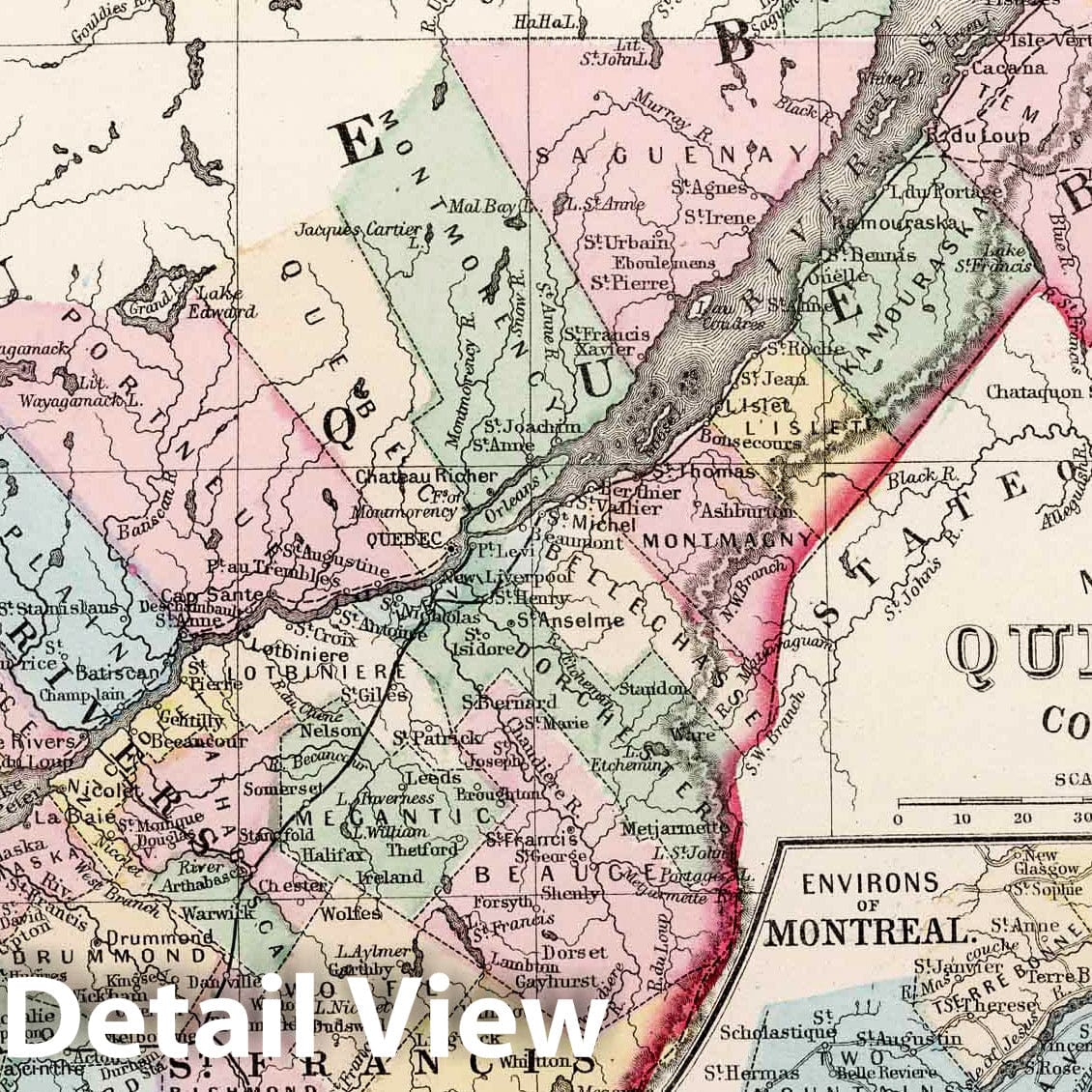 Historic Map : 1874 Map of Quebec in counties - Vintage Wall Art