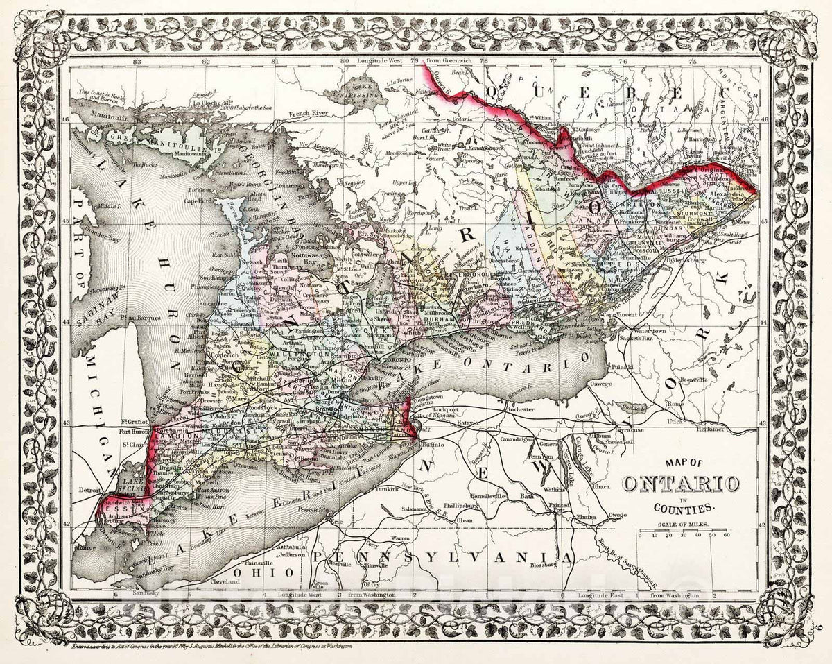 Historic Map : 1874 Map of Ontario in counties - Vintage Wall Art