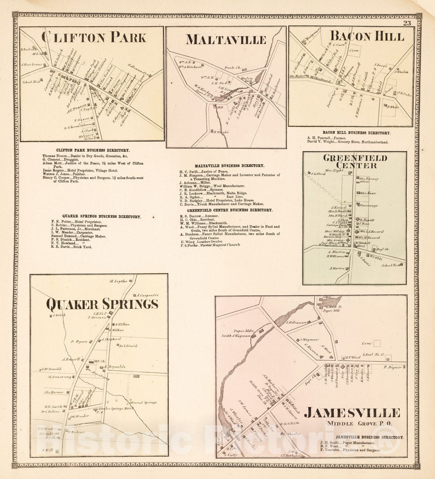 Historic Map : 1866 Clifton Park. Maltaville. Bacon Hill. Greenfield Center. Quaker Springs. Jamesville, Middle Grove P.O, New York. - Vintage Wall Art