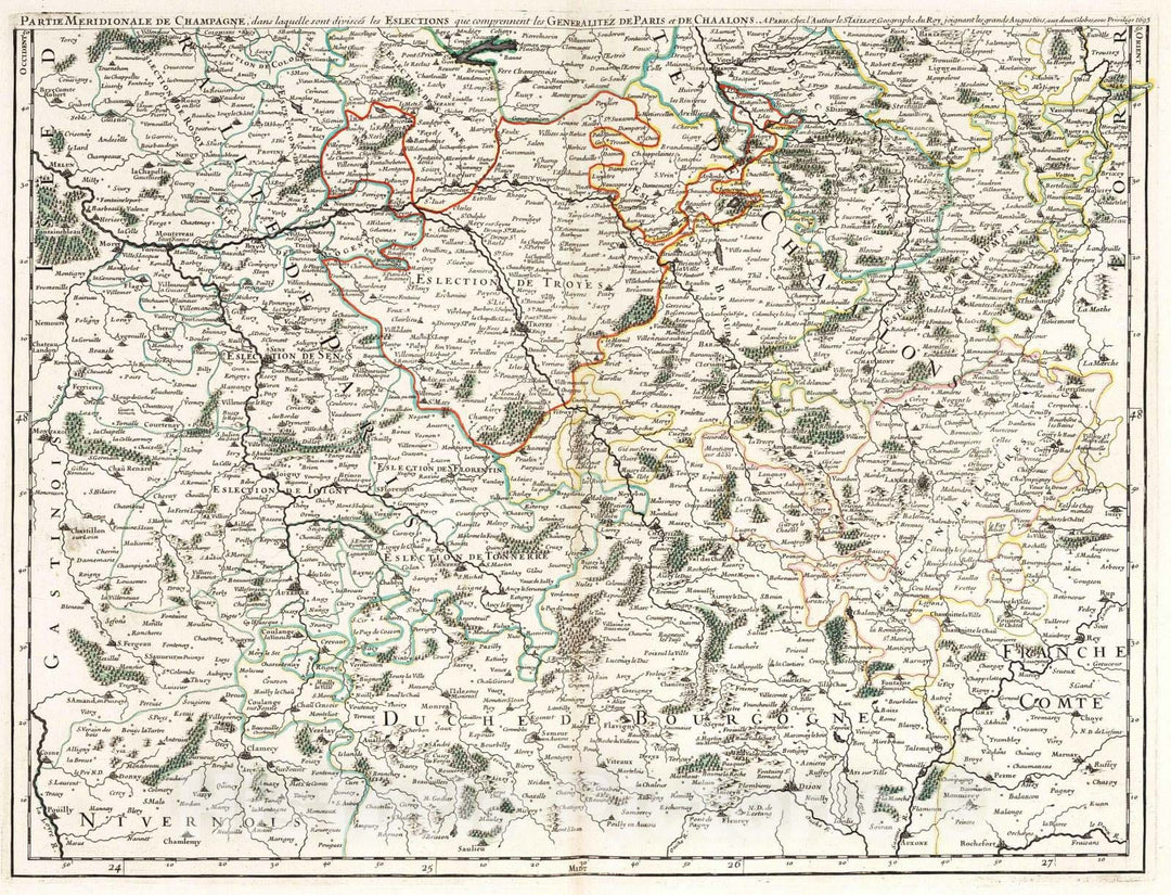 Historic Map : Champagne , France 1695 Gouvernement General de Champagne (southern sheet). , Vintage Wall Art