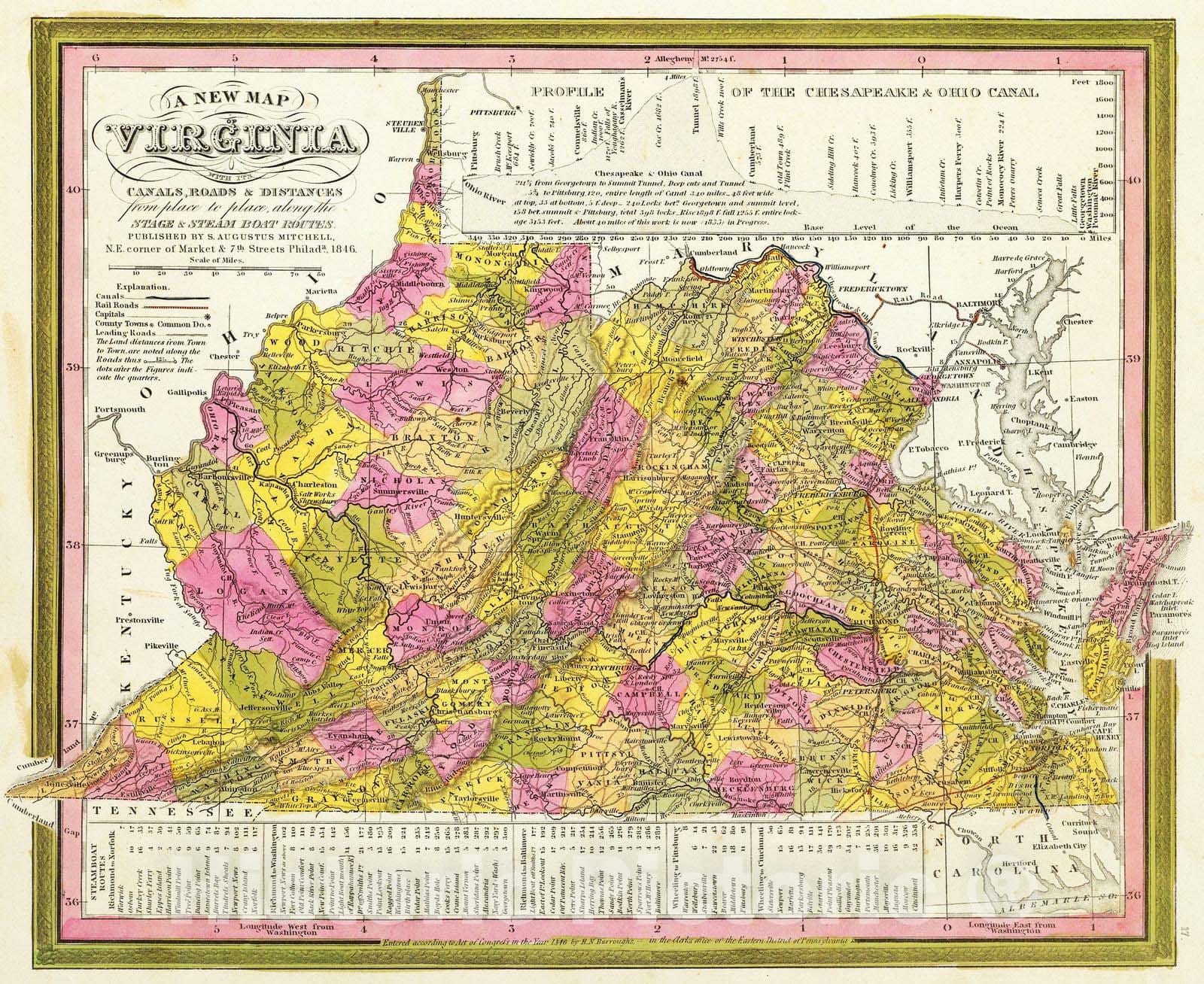 Historic Wall Map : 1846 New Map Of Virginia. - Vintage Wall Art