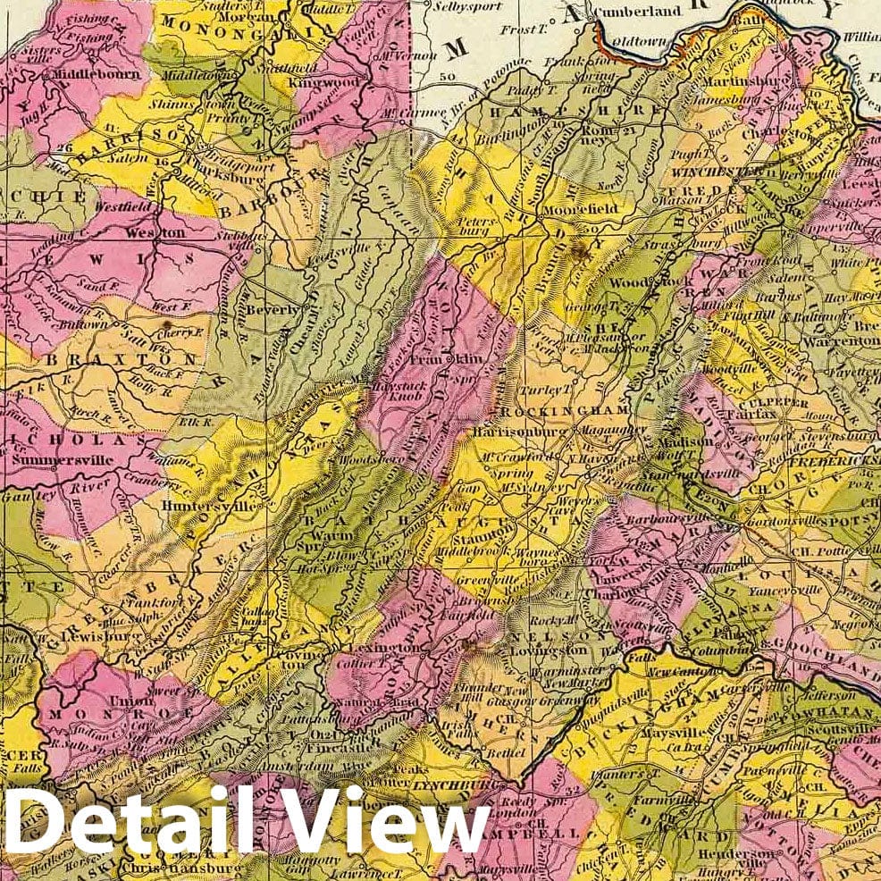 Virginia - Road Map, 1846 - Historical Map Print