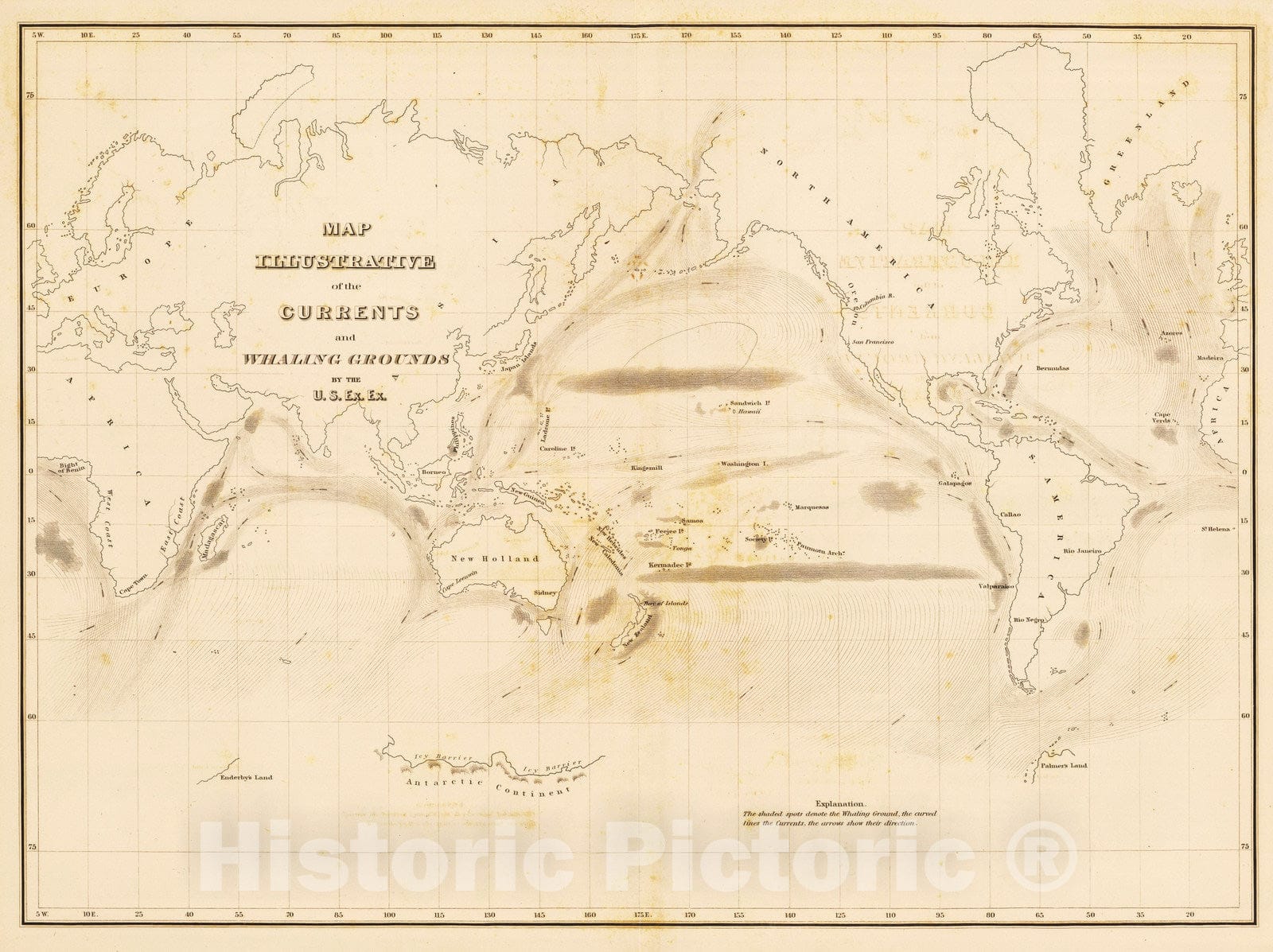Historic Map : Exploration Book - 1845 Currents, whaling grounds. - Vintage Wall Art