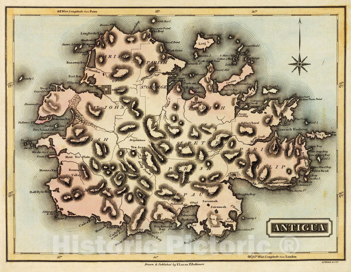 Antigua and Barbuda - River Map, 1823 - Historical Map Reproduction