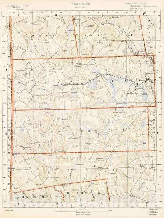 Kent and Washington Counties, Rhode Island - 1891 Topographic Map Print