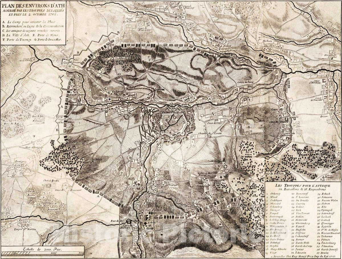 Historic Map : Belgium, 1706 33. Plan du Siege d'Ath. 1706. , Vintage Wall Art