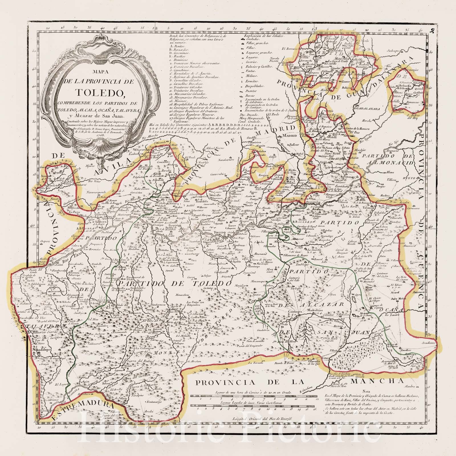 Toledo Province, Spain - Road Map, 1768 - Historical Map Reproduction