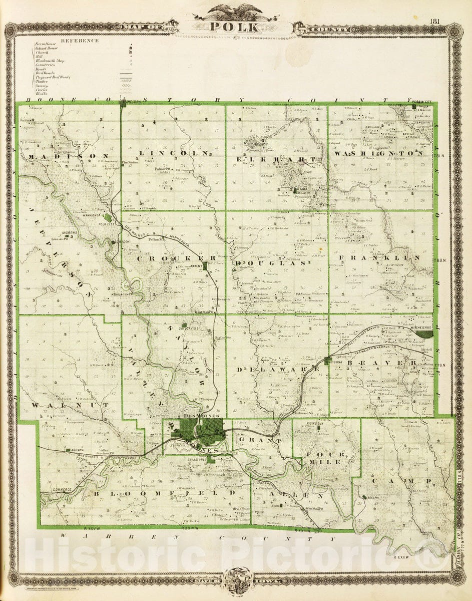Historic Map : 1875 Map of Polk County, State of Iowa. - Vintage Wall Art