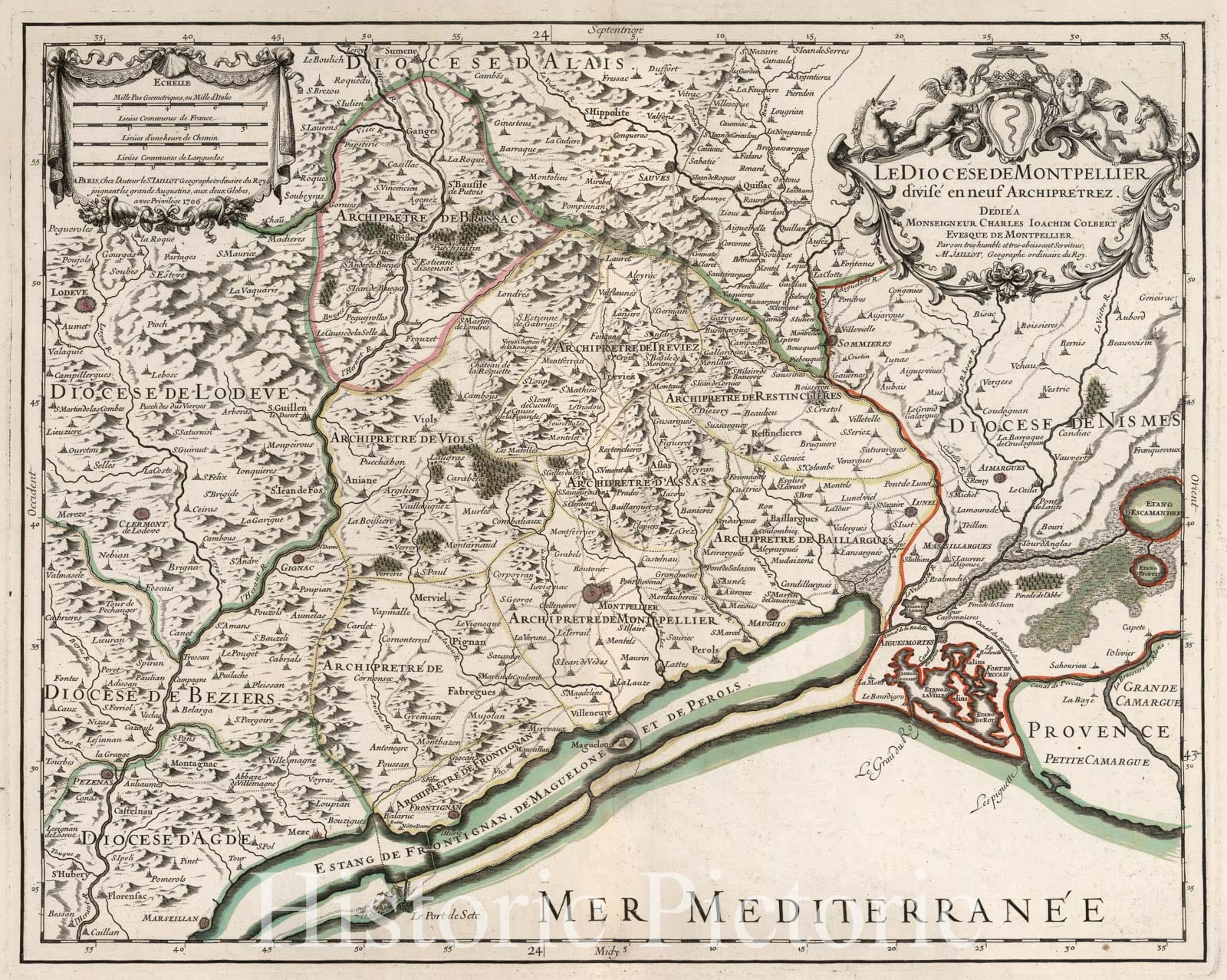 Diocese of Montpellier, France 1706 Historical Map Print
