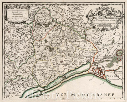 Diocese of Montpellier, France 1706 Historical Map Print