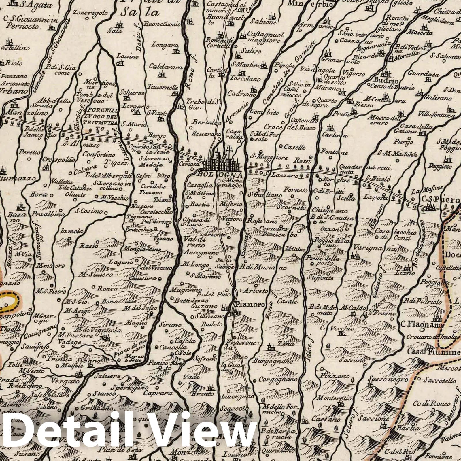 Bologna, Italy - River Map, 1710 - Historical Map Print