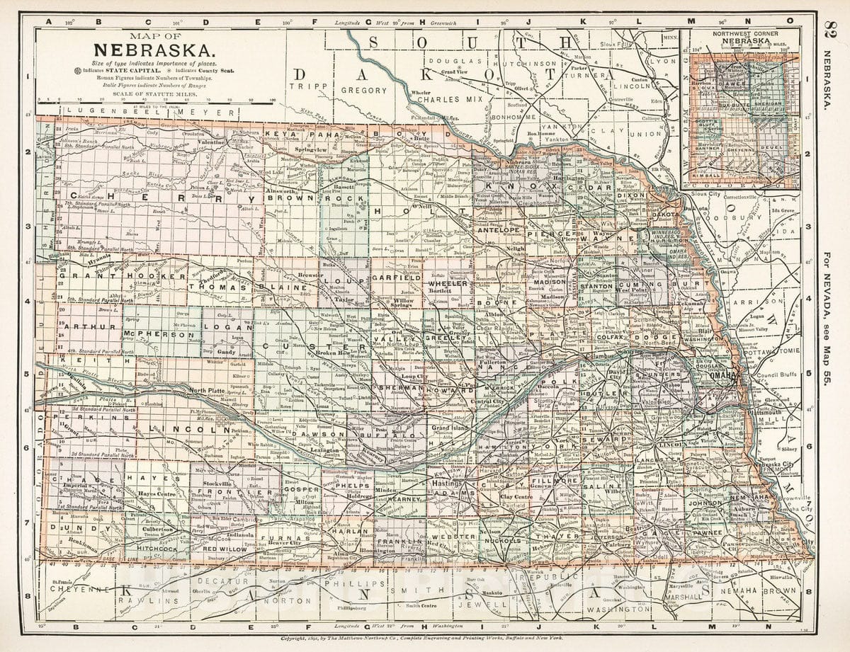 Historic Map : 1891 Map of Nebraska. 82 - Vintage Wall Art