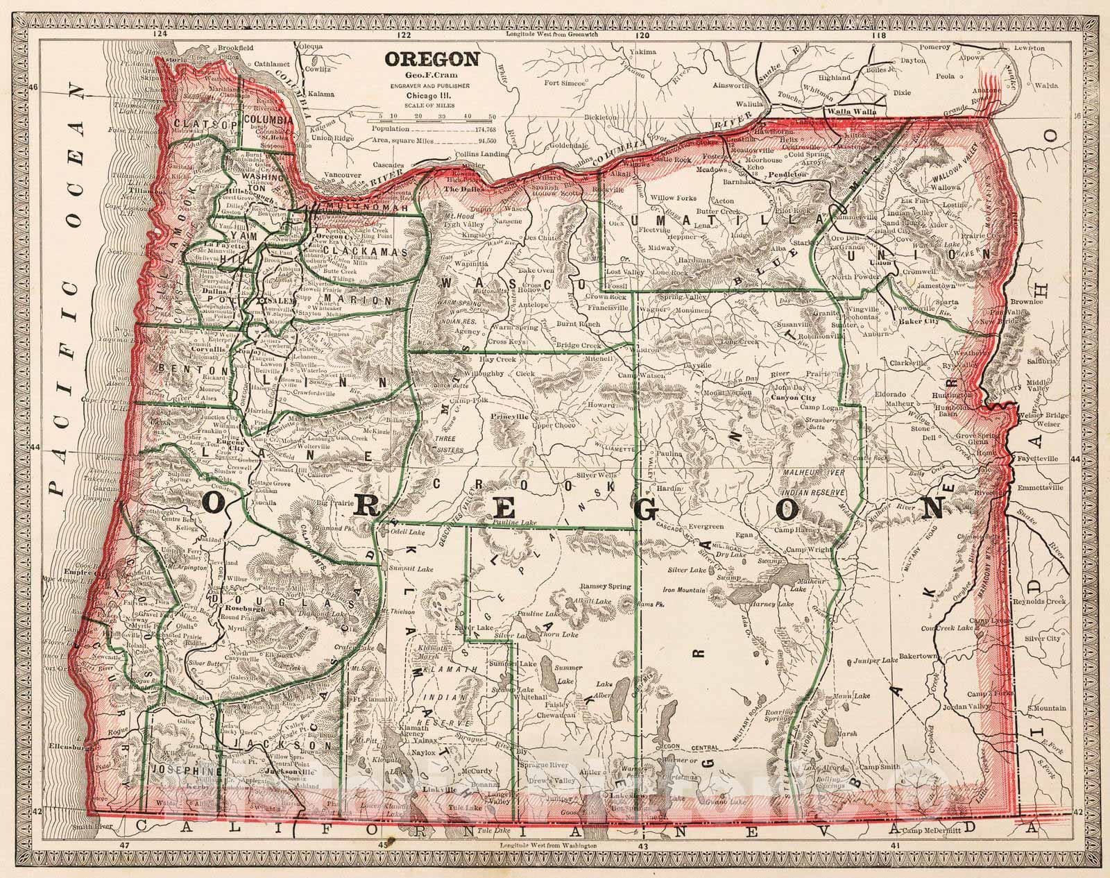 Historic Map : 1883 Map of Oregon : Vintage Wall Art