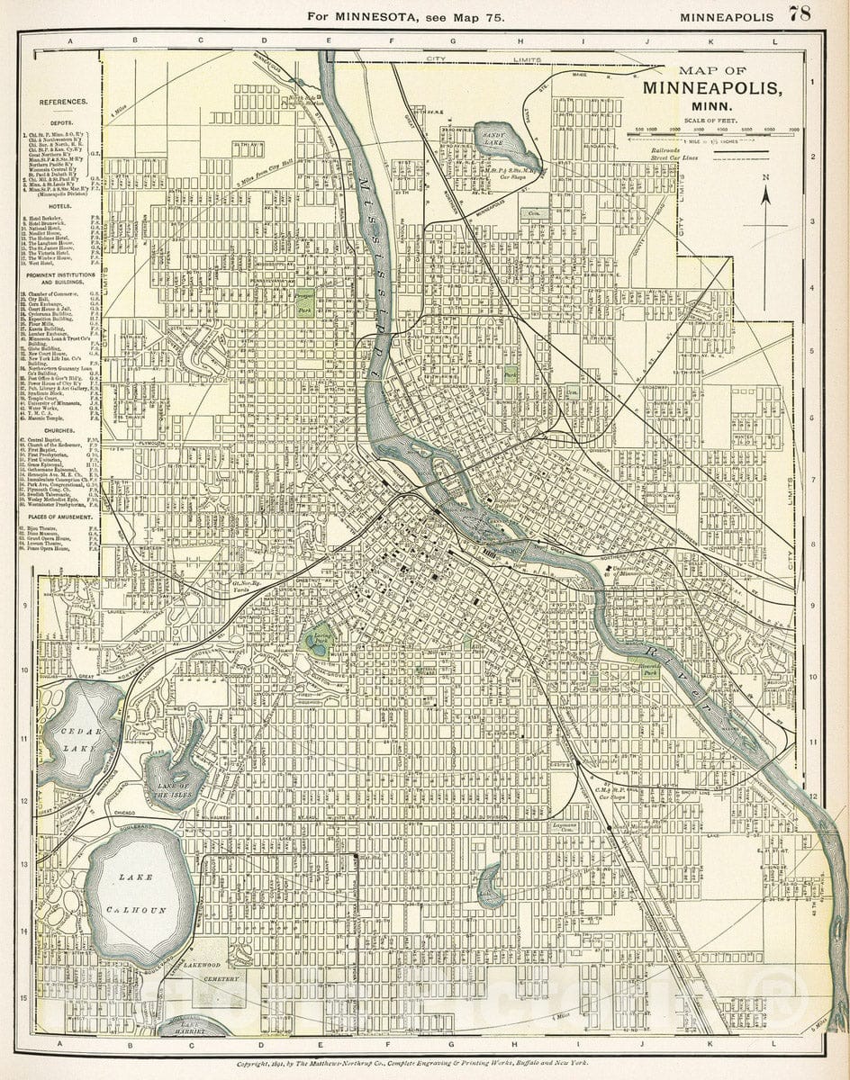 Historic Map : 1891 Map of Minneapolis, Minn. 78 - Vintage Wall Art
