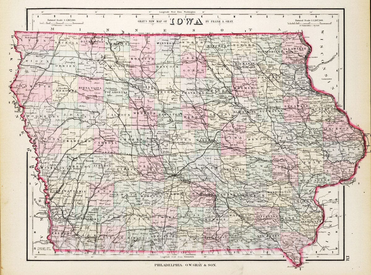 Historic Map : National Atlas - 1877 Iowa. - Vintage Wall Art