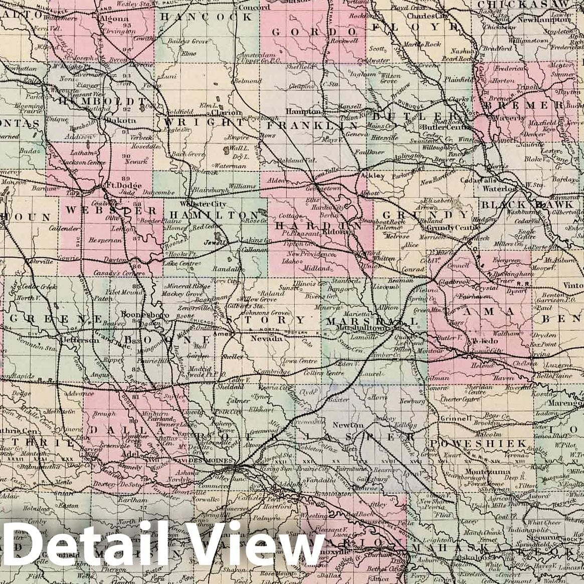 Iowa - Railroad Map, 1877 - Hand-Colored Historical Map Print