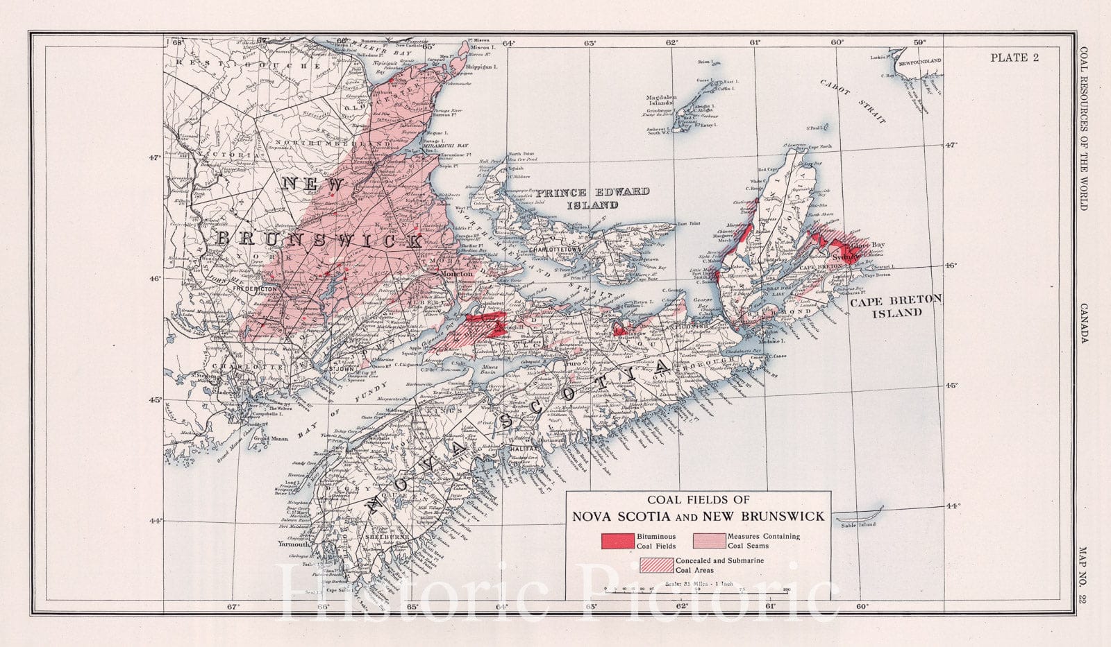 Historic Map : Geologic Atlas - 1913 Nova Scotia, New Brunswick, Canada. Coal Resources of the World. - Vintage Wall Art