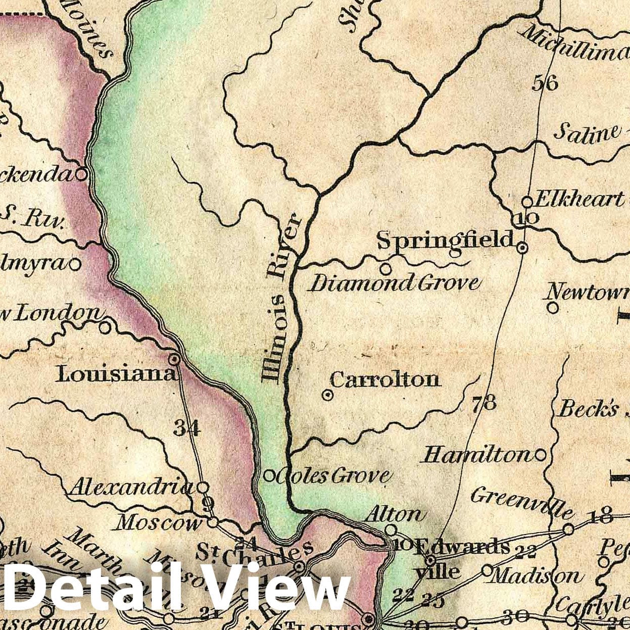 Illinois and Missouri - Road Map, 1828 - Historical Map Print