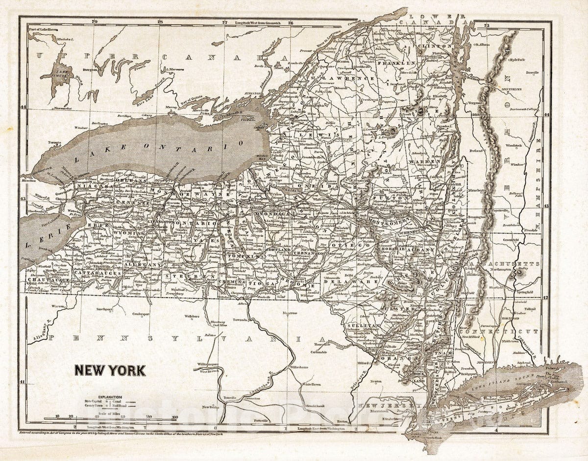 Historic Map : National Atlas - 1842 New York - Vintage Wall Art