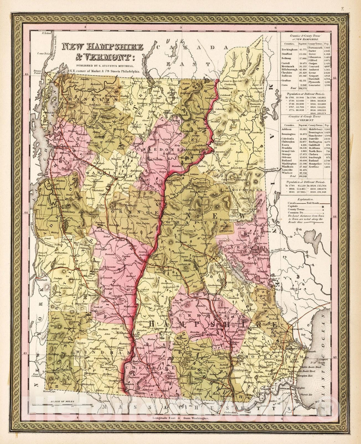 Historic Map : 1850 New Hampshire and Vermont. - Vintage Wall Art