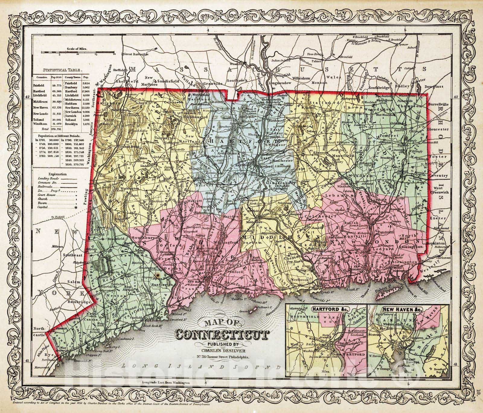 Historic Map : 1859 Connecticut. v2 - Vintage Wall Art