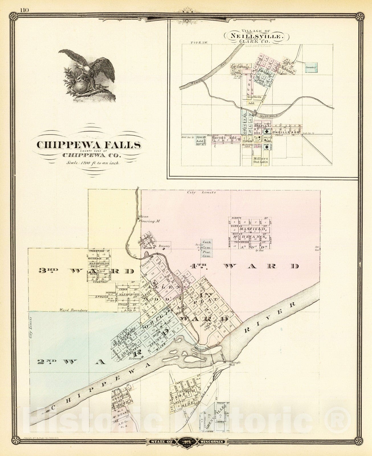 Historic Map : 1878 Chippewa Falls and Village of Neillsville. - Vintage Wall Art