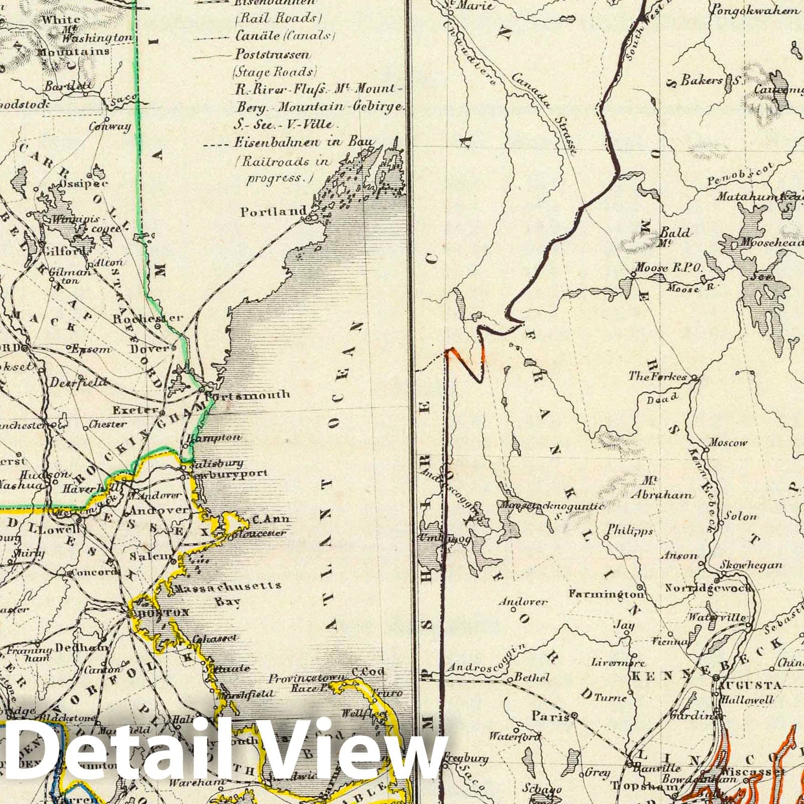 Vermont, New Hampshire, Massachusetts, Connecticut, Rhode Island, Maine - Railroad Map, 1854